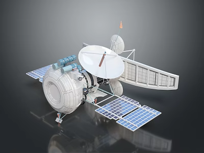 Spacecraft Model With Solar Panels Dish Antenna Flag And Communication Module 3d model