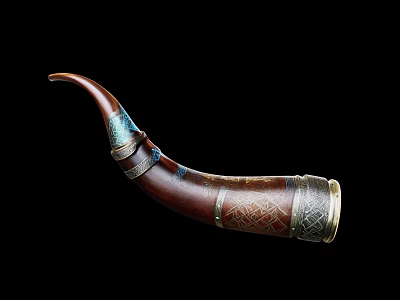 Handcrafted Decorative Horn With Brown Body Carved Metal Bands And Blue Accents 3d model