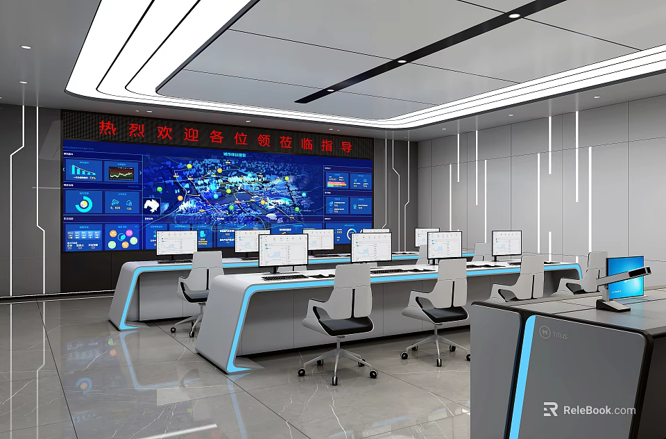 Modern Control Room Interior With Multiple Monitors Control Desks And Large 3d model