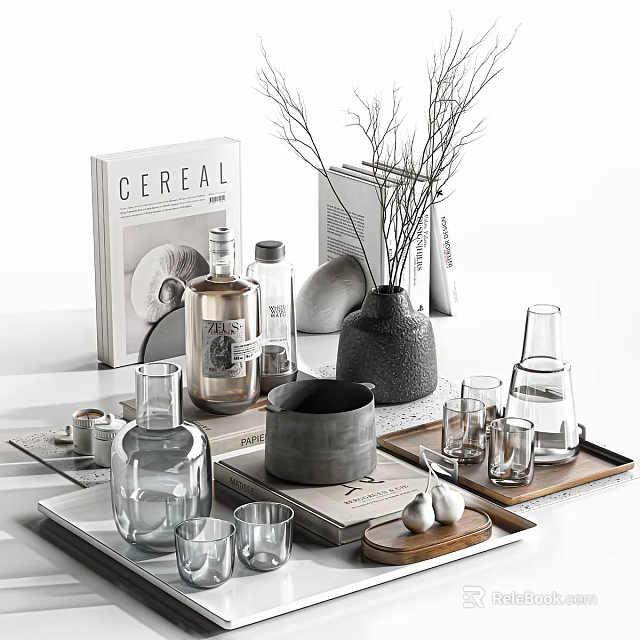 Decorative Ornament Set With Books Glass Vases Metal Canisters And Ceramic Bowls 3d model 
