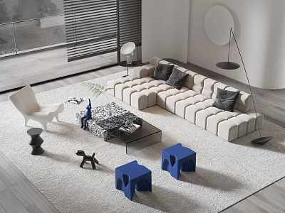 Modern Beige L Shape Sofa and Glass Coffee Table Set with Dark Cushions Blue Stools 3d model