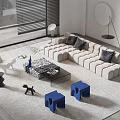Modern Beige L Shape Sofa and Glass Coffee Table Set with Dark Cushions Blue Stools