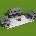 Chinese Traditional Garden Featuring Three Pavilions With Traditional Roofs Green Lawn And Decorations