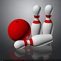 Red Bowling Ball With White Pins In Game Setup On Reflective Surface