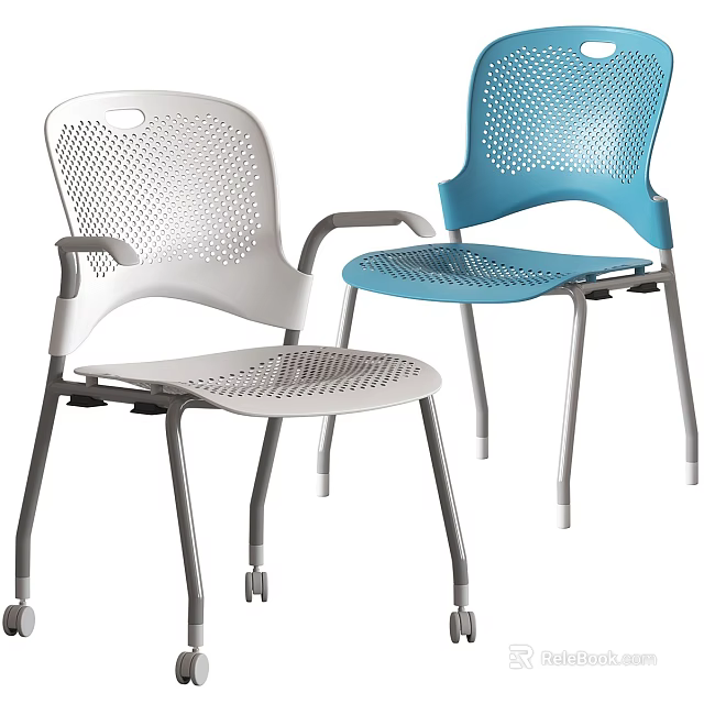 Modern White And Blue Dining Chairs With Perforated Backrest Plastic Design And Metal Frame 3d model 