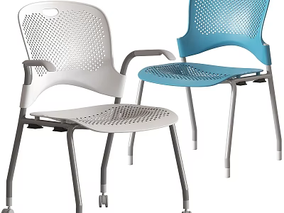 Modern White And Blue Dining Chairs With Perforated Backrest Plastic Design And Metal Frame 3d model