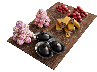 Pink Sprinkled Round Red Oval Candies Yellow Rectangular Chocolates and Dark Truffles on Wooden Board 3d model