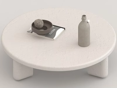 White Round Textured Coffee Table With Yarn Ball In Bowl Magazine And Decorative Bottle 3d model