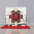 Liding Tea Themed Photo Check In Spot With Circular Decorations Red Base And Striped Wall