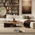 Modern Living Room Interior Design With White Sofa Bookshelves Round Coffee Table And Green Plant