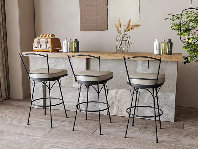 Stylish Bar Counter With Wooden Top Stone Base Three Bar Stools Decorations And Green Plant 3d model