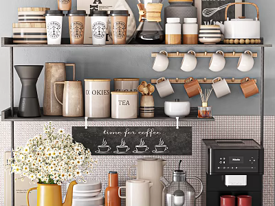 Stylish Cups And Mugs Display On Kitchen Shelf With Coffee Machine Tea Canisters And Daisies 3d model