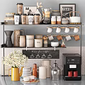 Stylish Cups And Mugs Display On Kitchen Shelf With Coffee Machine Tea Canisters And Daisies