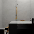 Accessible Bathroom Interior With White Tiles Yellow Grab Bars Toilet Sink And Shower Area