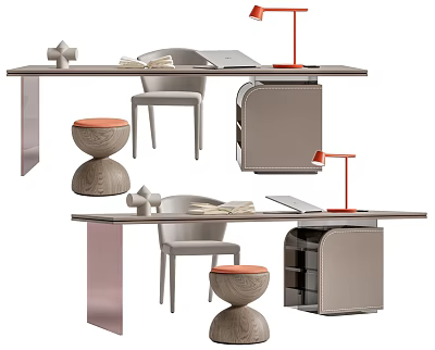 Modern Gray Desk With Orange Chair Metal Frame Red Lamp And Storage Drawers 3d model