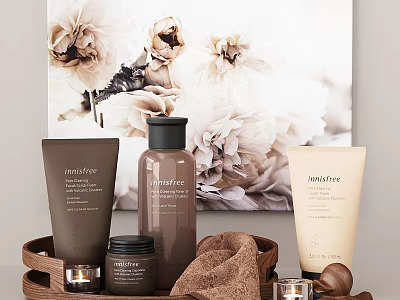 Innisfree Daily Cleansing Products Arranged On Wooden Tray With Soft Towel And Floral Artwork 3d model