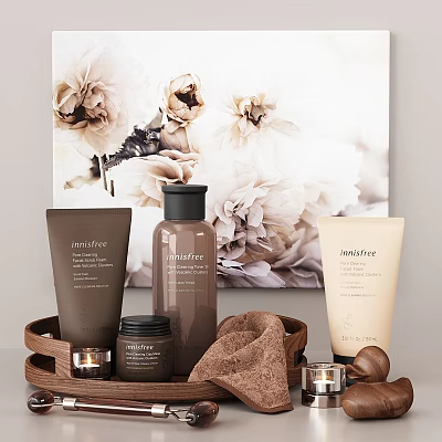Innisfree Daily Cleansing Products Arranged On Wooden Tray With Soft Towel And Floral Artwork 3d model