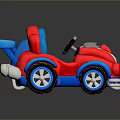 Red And Blue Cartoon Style Toy Car With Large Wheels And Exhaust Pipes