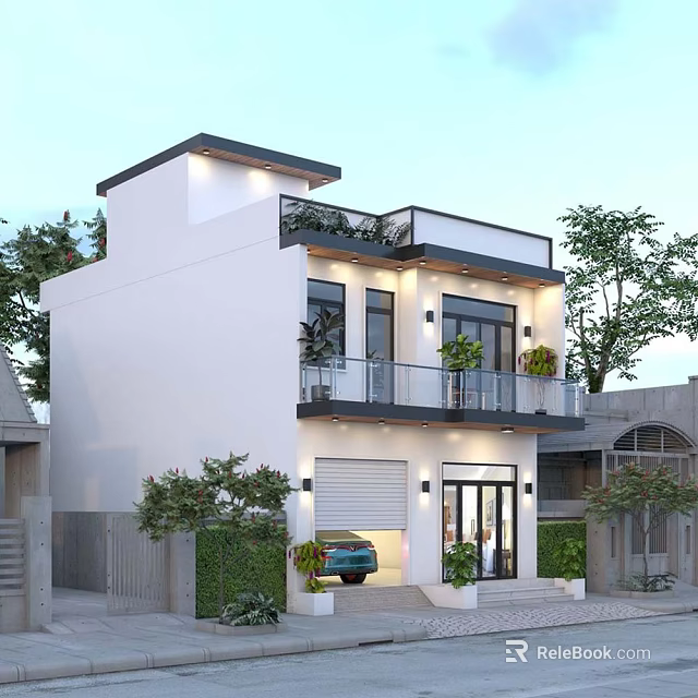 Modern Detached House With White Exterior Balcony And Garage Surrounded By Greenery And Trees 3d model 