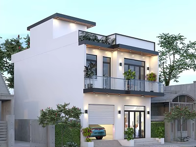 Modern Detached House With White Exterior Balcony And Garage Surrounded By Greenery And Trees 3d model