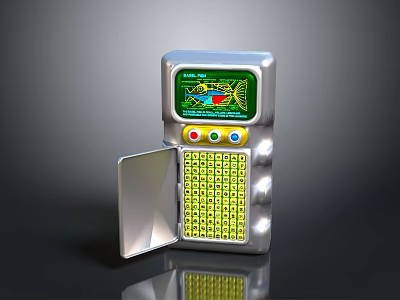 Retro Handheld Electronic Device With Silver Body Open Yellow Keypad Colorful Buttons And Green Screen 3d model
