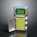 Retro Handheld Electronic Device With Silver Body Open Yellow Keypad Colorful Buttons And Green Screen