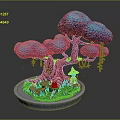 Miniature Plant Landscape With Blue Canopy Red Trunk Mushroom Green Grass And Stones