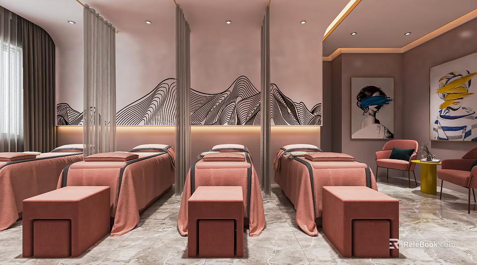 Elegant Modern SPA Sauna Room Interior With Comfortable Massage Beds Decorative Wall And Soft Lighting 3d model 
