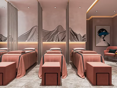 Elegant Modern SPA Sauna Room Interior With Comfortable Massage Beds Decorative Wall And Soft Lighting 3d model