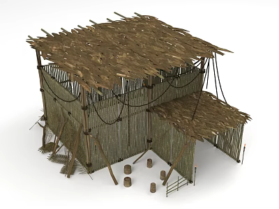 Rustic Thatched Roof Hut Featuring Bamboo Frame Wooden Barrels And Fence 3d model