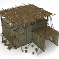 Rustic Thatched Roof Hut Featuring Bamboo Frame Wooden Barrels And Fence