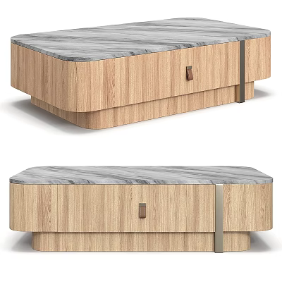 Stylish Natural Wood Coffee Table With Marble Top And Storage Drawer For Modern Living Room 3d model