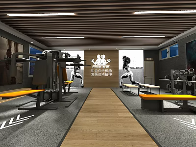 Modern Fitness Gym Interior With Workout Equipment Benches And Wooden Floor 3d model