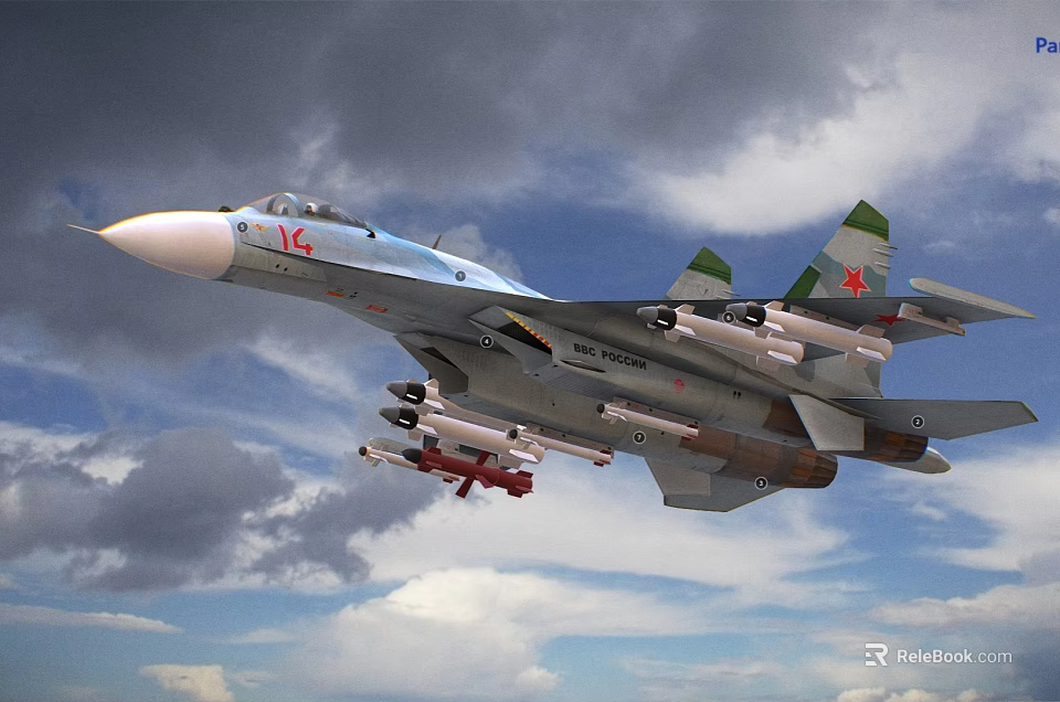 Fighter Jet in Flight with Mounted Missiles Against Cloudy Sky Background 3d model 