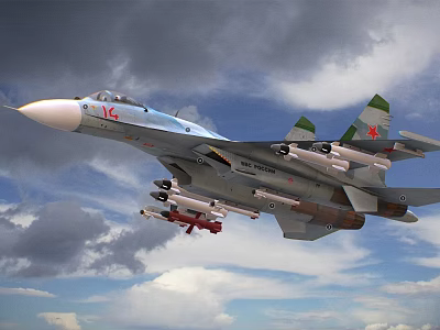 Fighter Jet in Flight with Mounted Missiles Against Cloudy Sky Background 3d model