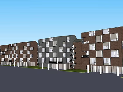 Modern Multi Story Residential Buildings With Varied Colored Facades Windows And Blue Sky 3d model