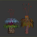 Vibrant Cartoon Plants With Colorful Leaves Red Top Decorations And Different Colored Pots
