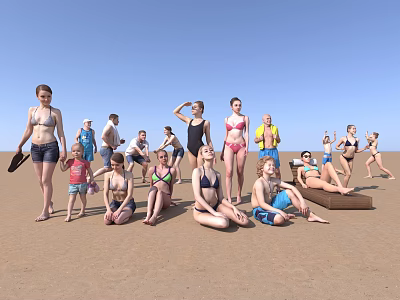 Group of People on Sandy Beach Standing Sitting Lying in Swimwear Under Clear Blue Sky 3d model