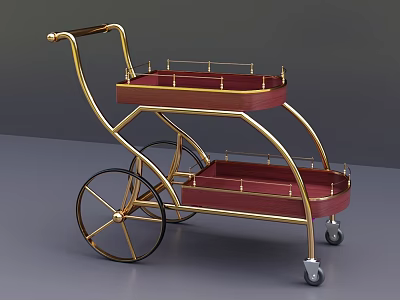 Commercial Equipment Two Tier Serving Cart with Gold Frame and Red Trays for Restaurant Service Use 3d model