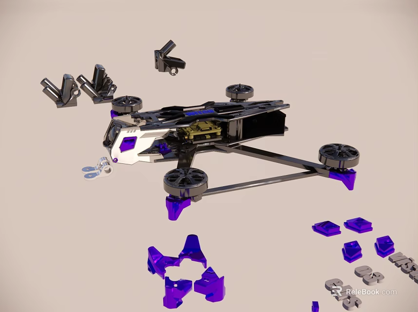 Drone Frame With Scattered Purple And Gray Components On Beige Background 3d model 