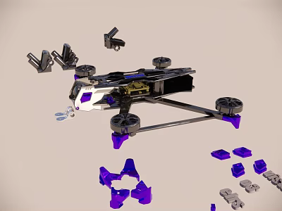 Drone Frame With Scattered Purple And Gray Components On Beige Background 3d model