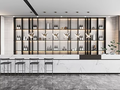 Modern Bar Counter Interior Design With Marble Top Metal Stools And Wine Racks 3d model