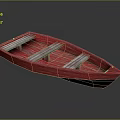 Handcrafted Red Striped Wooden Boat on Smooth Surface with Reflection
