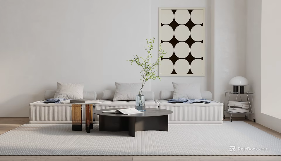 Modern Minimalist Sectional Sofa With Pillows Coffee Table And Decorative Painting 3d model 