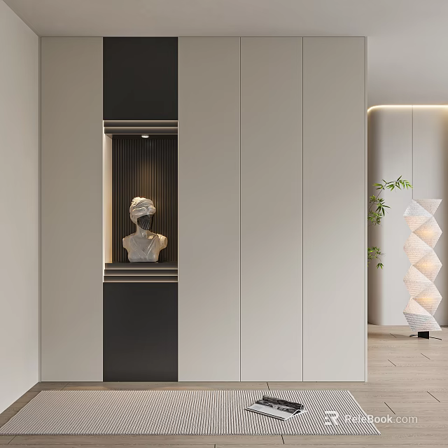 Elegant Modern Shoe Cabinet Interior Design With Decorative Statue and Sleek Details 3d model 
