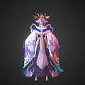 Elegant Fantasy Character In Flowing Blue White Robe With Phoenix Patterns And Crown Hairpiece