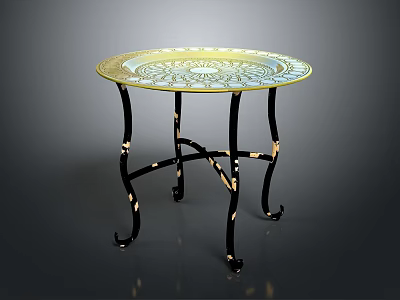 Round Glass Top Table with Ornate Pattern and Black Metal Legs with Gold Accents 3d model