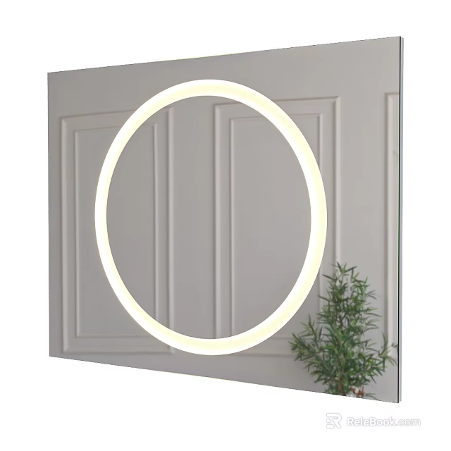 Round Lighted Mirror on Modern Paneled Wall with Potted Green Plant 3d model 