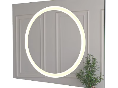 Round Lighted Mirror on Modern Paneled Wall with Potted Green Plant 3d model