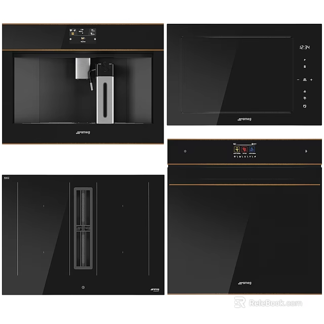 Set of Modern Black Kitchen Appliances With Gold Trim Display And Control Panels 3d model 